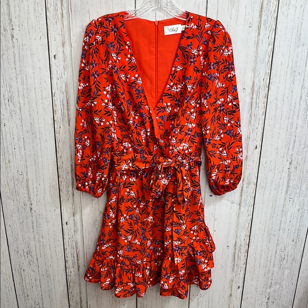 Eliza J Red Ruffled Wrap Dress with Puff Sleeves